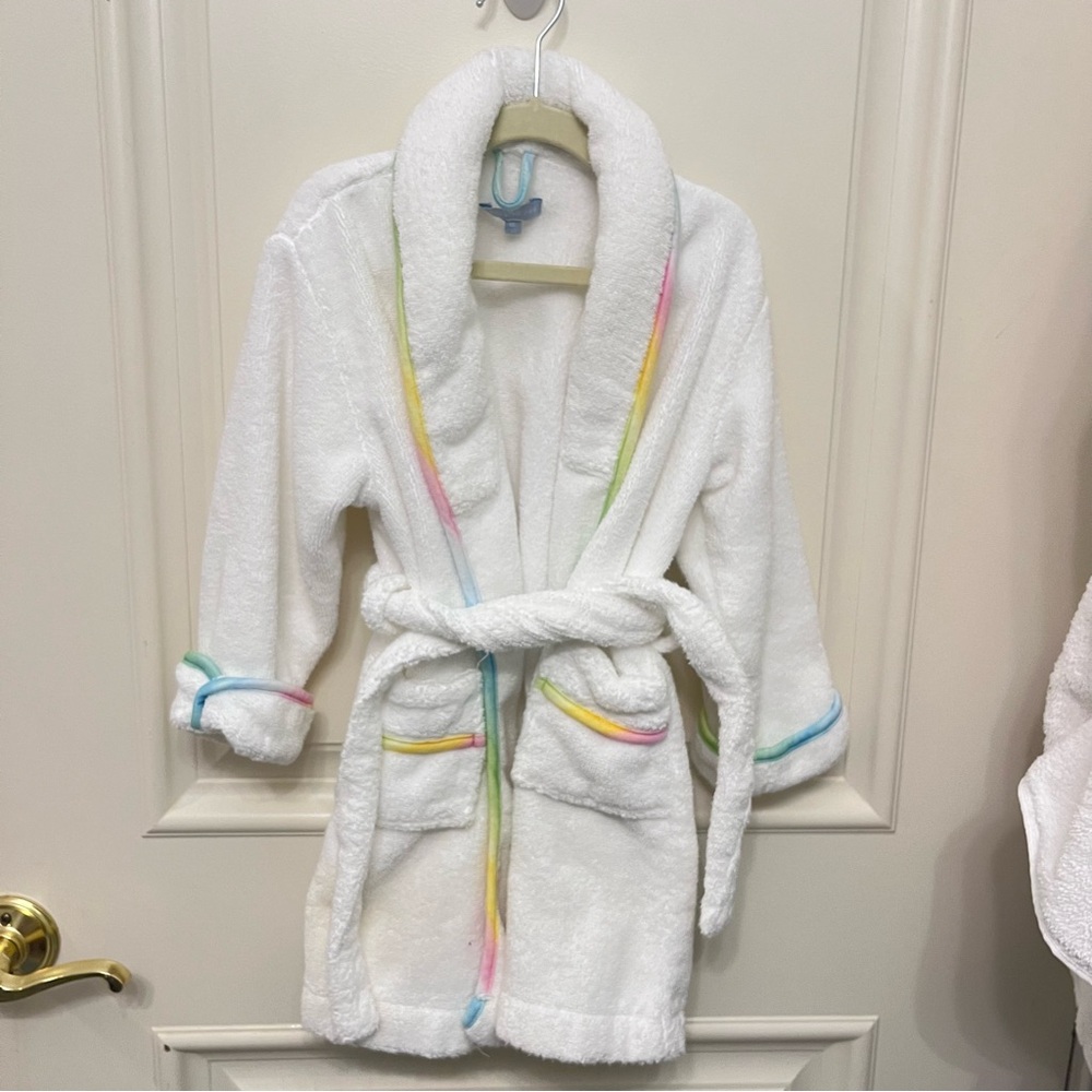EUC Hill House Hotel Robe White Rainbow Tie Dye Trim 100% Organic Cotton 2T-3T